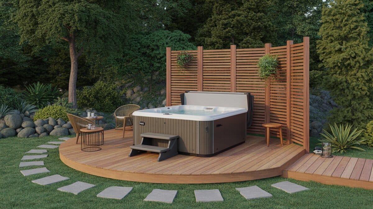 Outdoor Hot Tub Curved Deck Cedar Lattice Privacy Screen