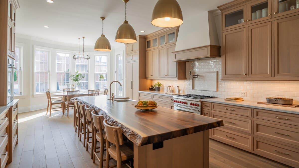 Greige shaker kitchen with reclaimed butcher block island and gold dome pendant lights