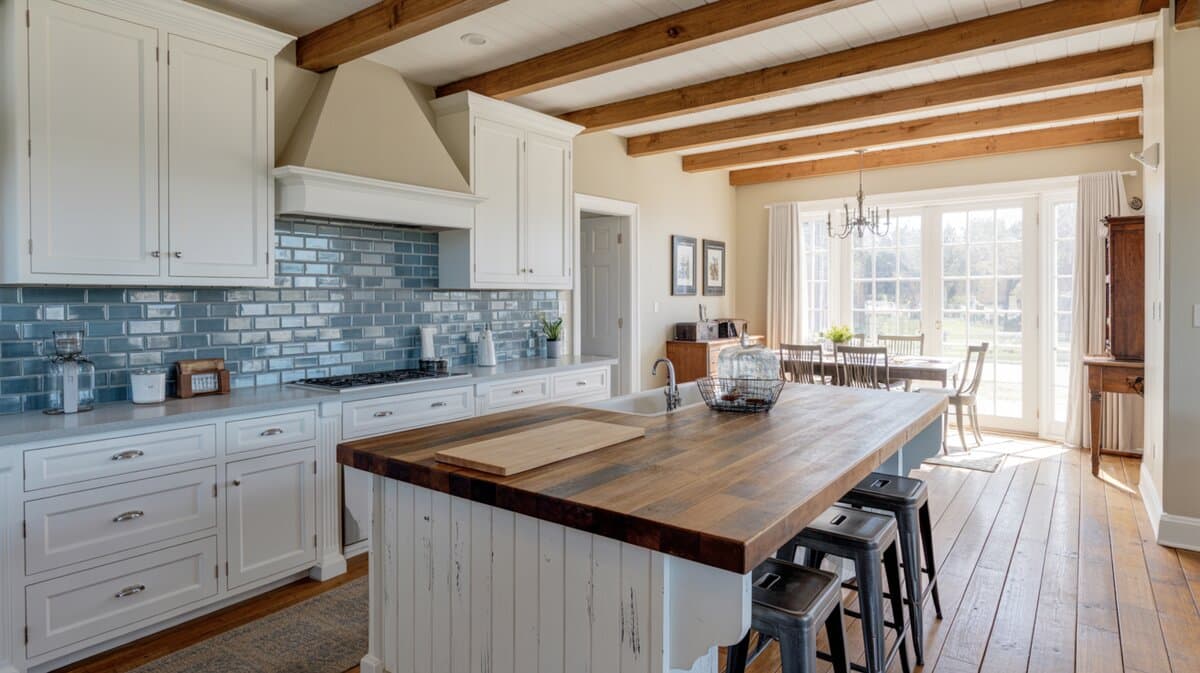 White kitchen with reclaimed wood butcher block island blue subway tile and wood ceiling beams
