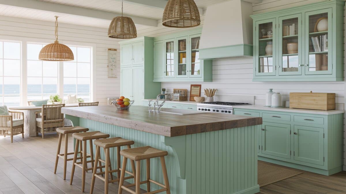Coastal cottage kitchen with seafoam green cabinets and beadboard reclaimed wood island