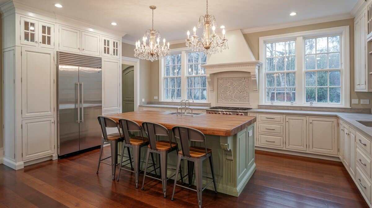 Sage green kitchen island with reclaimed wood countertop white cabinets and crystal chandeliers