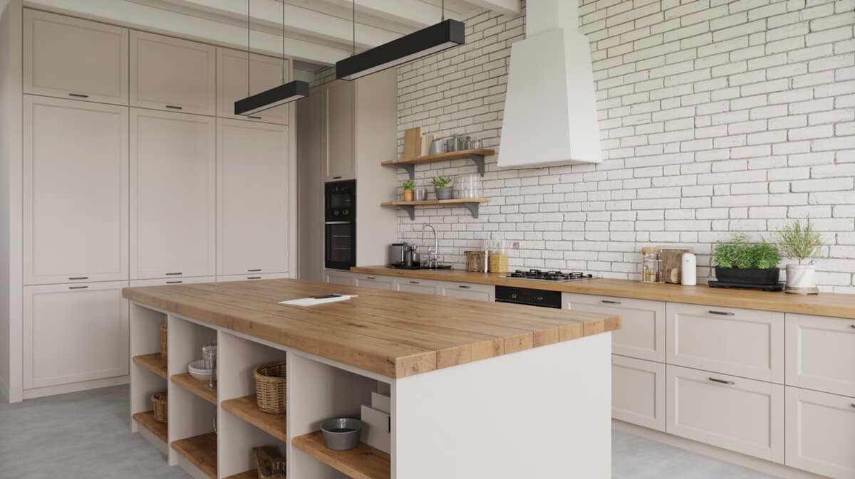Scandinavian kitchen with beige flat-front cabinets and reclaimed wood island open lower shelving