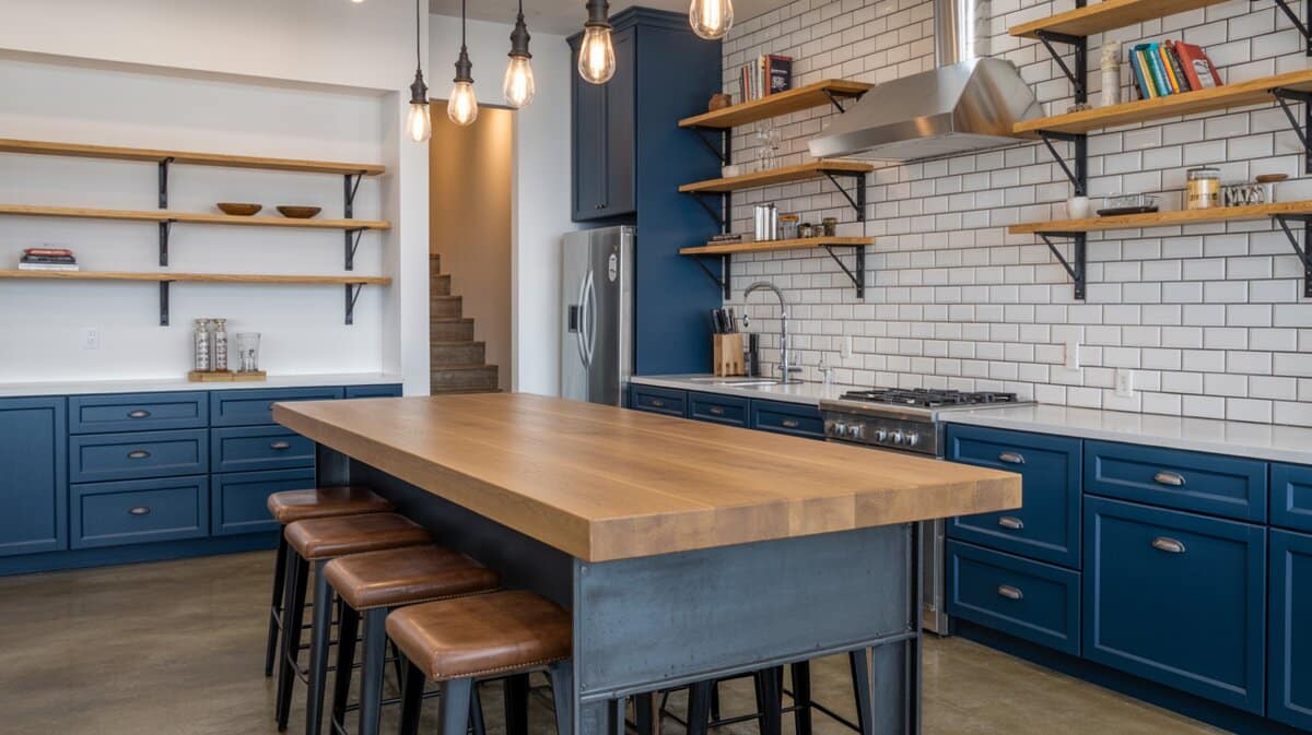 Industrial chic kitchen with navy cabinets reclaimed oak slab island and Edison pendant lights