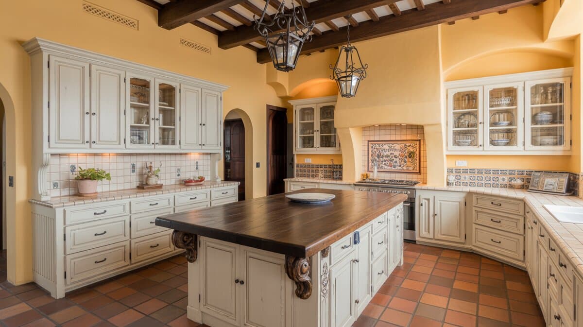 Spanish colonial kitchen with terracotta floors dark reclaimed wood island and wrought iron chandelier