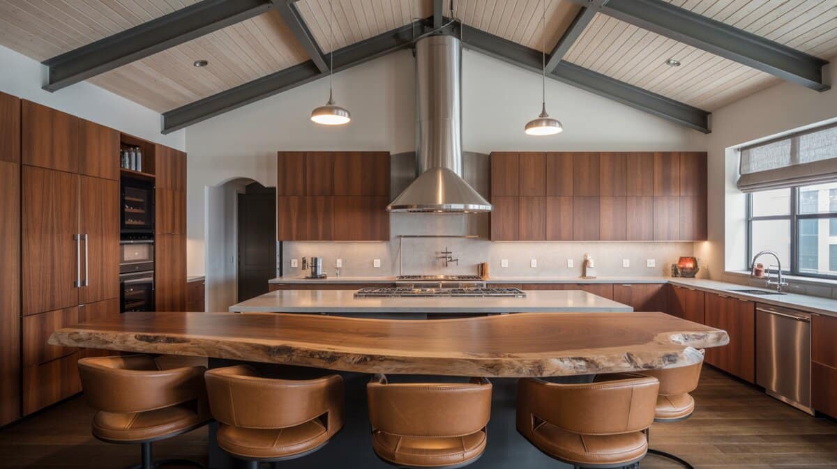 Walnut kitchen with curved live-edge reclaimed wood slab island and vaulted beam ceiling