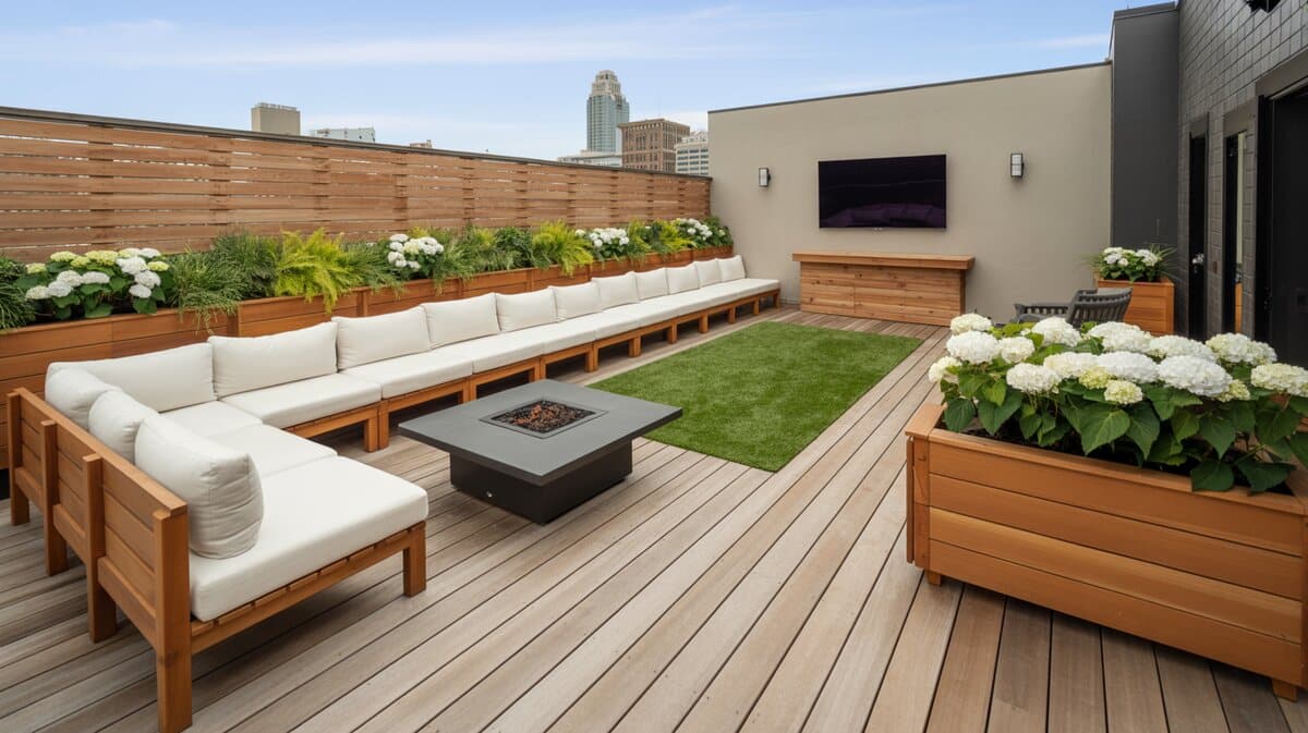 Rooftop deck with white sectional sofa, outdoor TV, cedar fence, and artificial turf patch