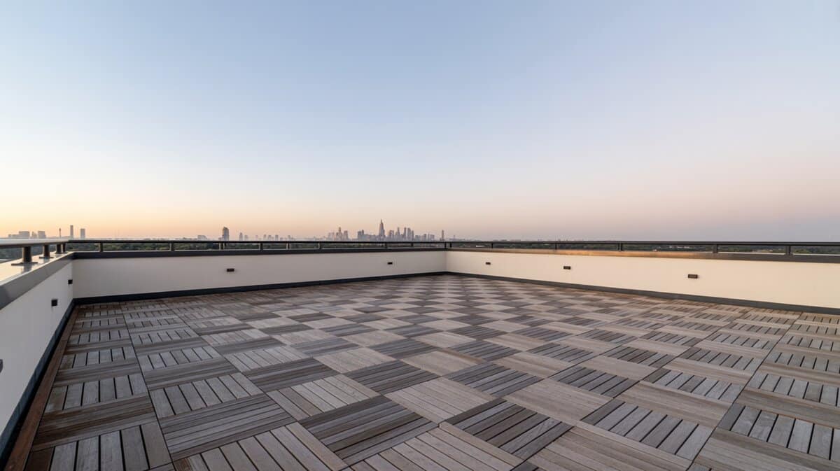 Rooftop deck with interlocking wood tile pavers in parquet pattern and city skyline views