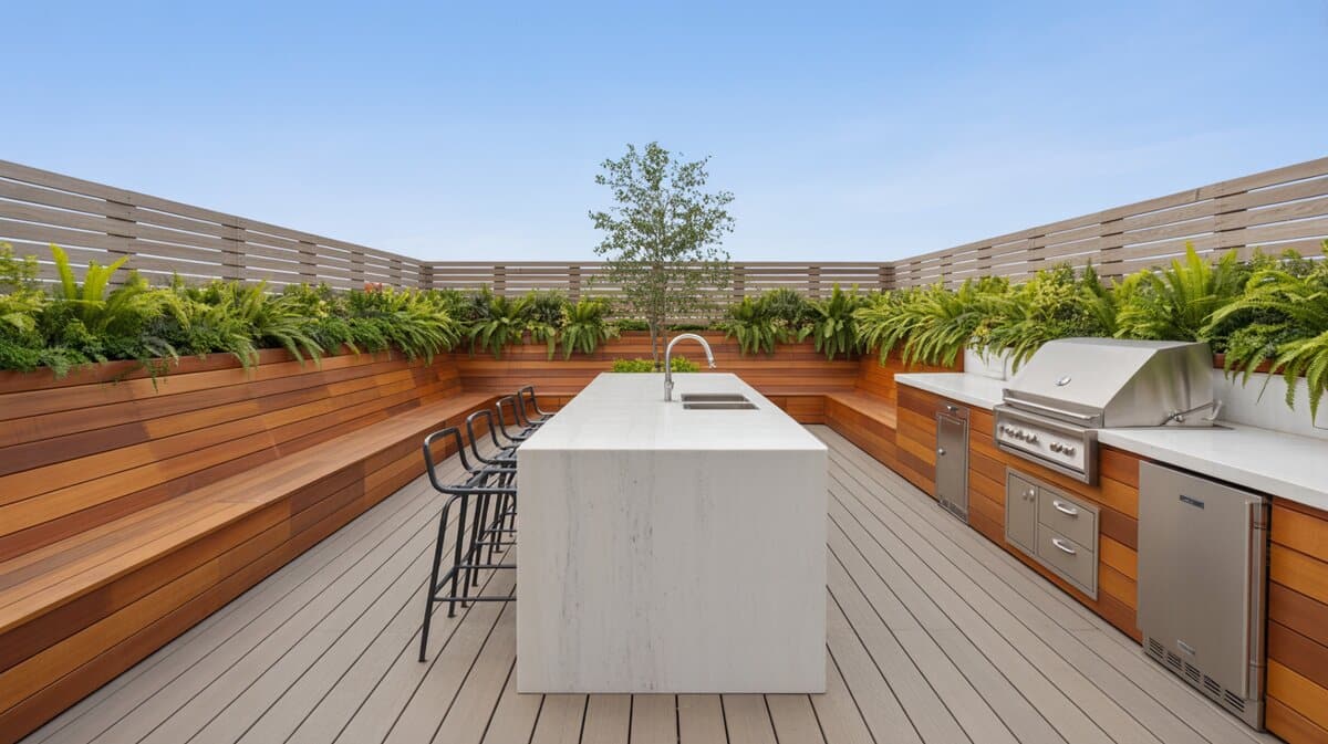Rooftop outdoor kitchen with white marble waterfall island and cedar raised planter benches