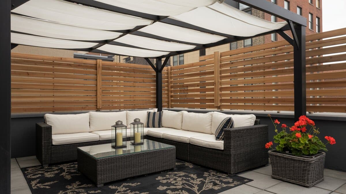 Rooftop pergola with white shade canopy, black wicker sofa, and wood slat privacy wall