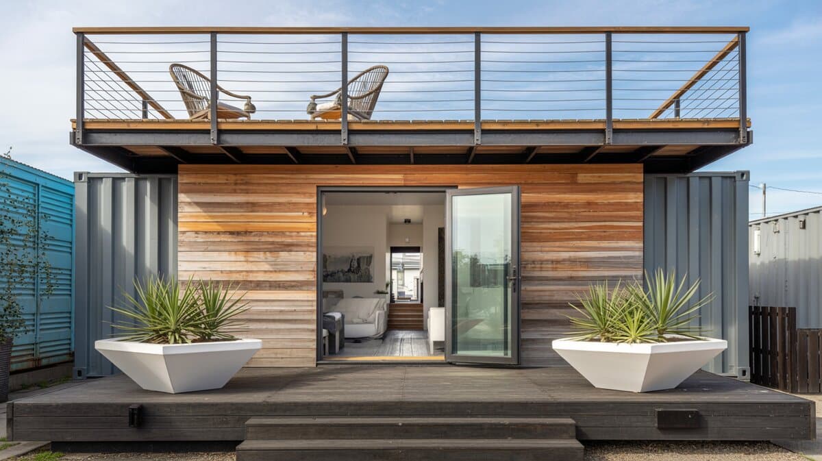 Shipping container home exterior with rooftop deck, cable railing, and cedar wood cladding