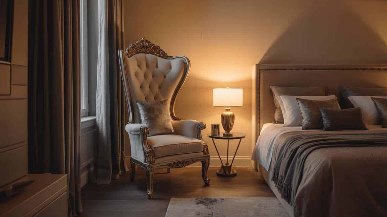 Single throne-style accent chair beside a bed in a small cozy bedroom