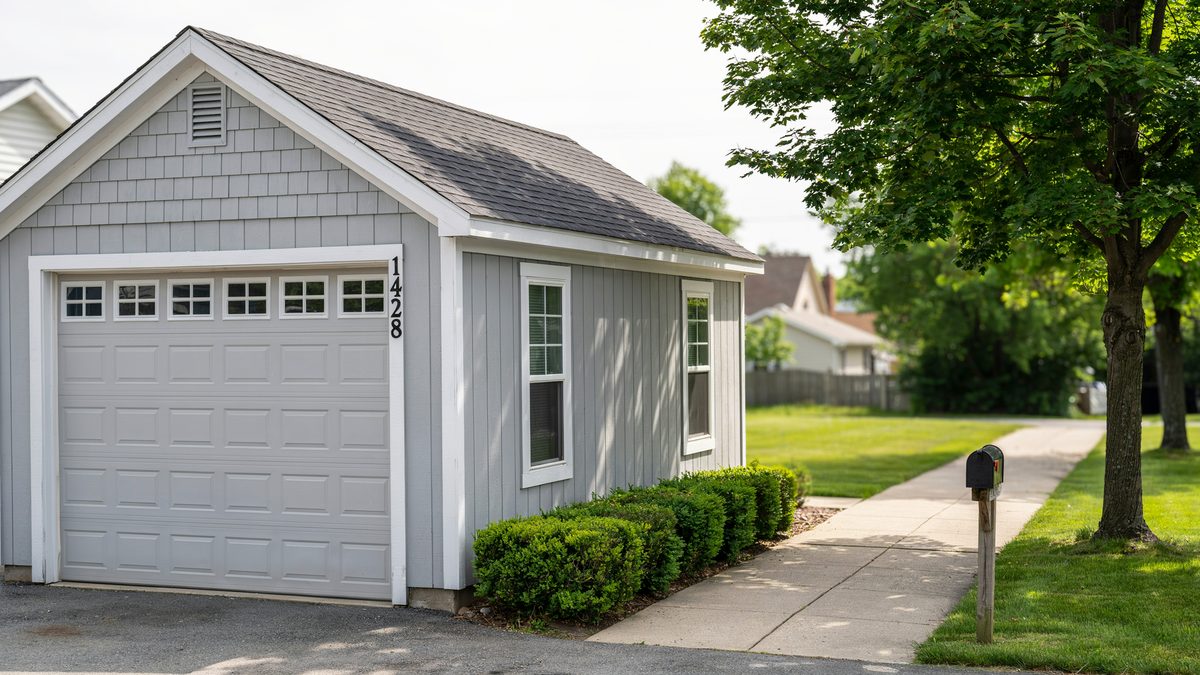 Compact gray shingle sided one car garage with white trim and sidewalk