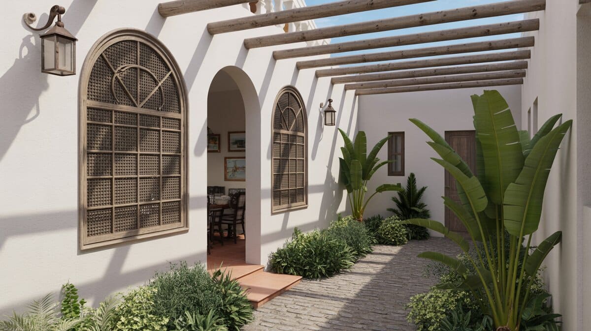 Spanish Courtyard Arched Metal Lattice Windows Tropical Plants