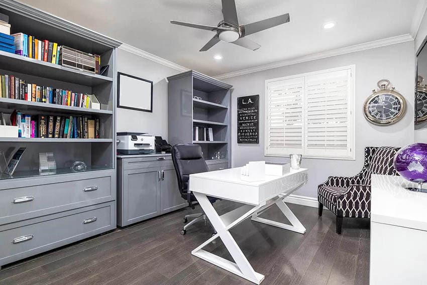 Staged office with gray cabinets white desk wood flooring