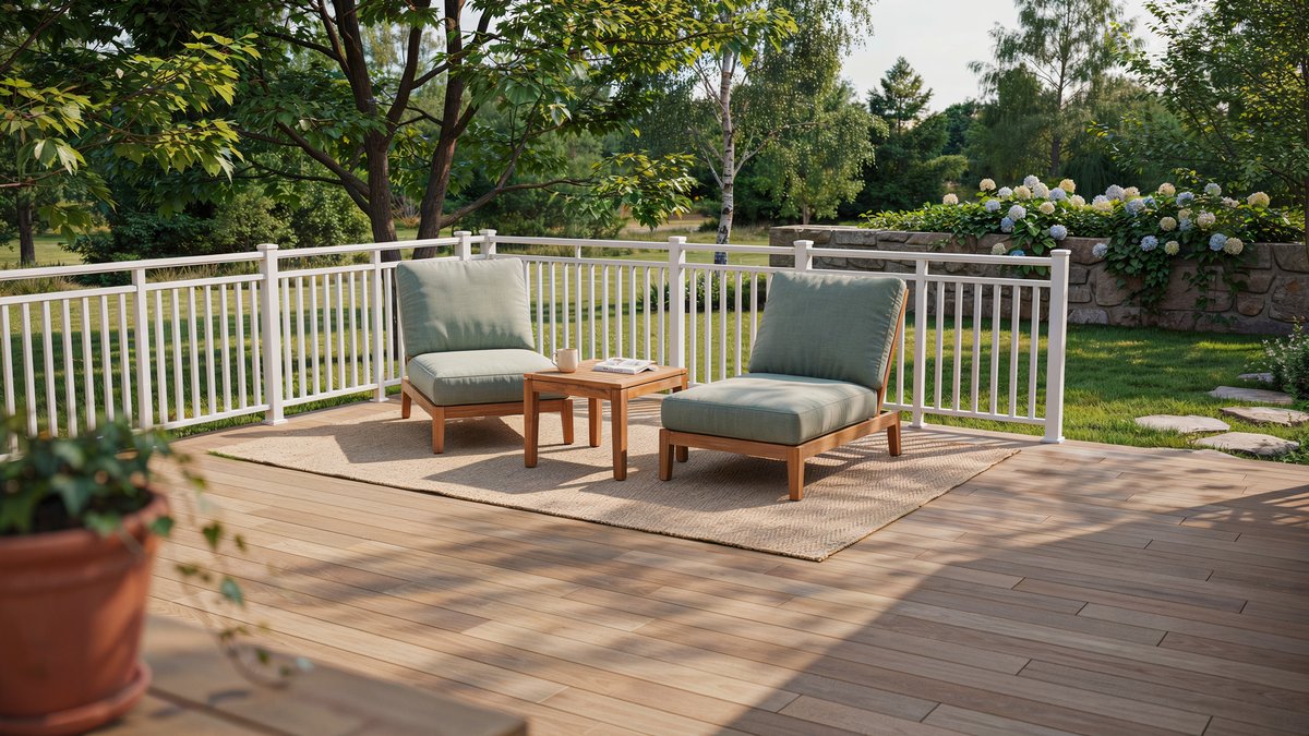 Sunny backyard deck with white railing and two wooden lounge chairs
