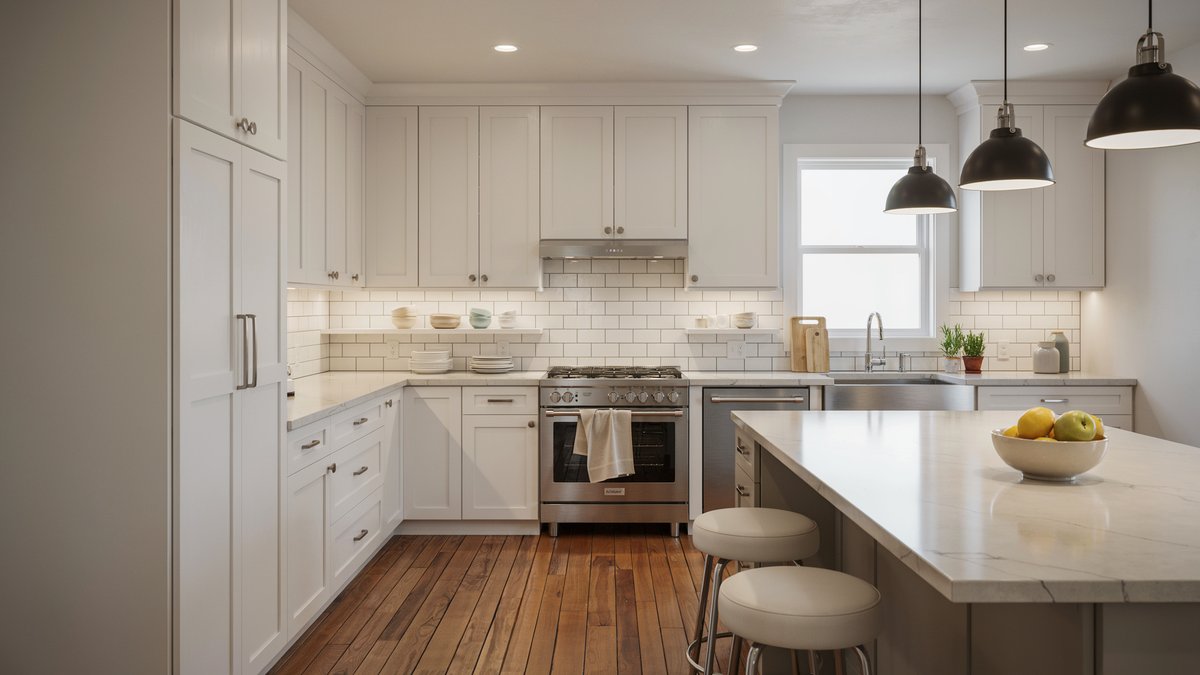 White quartz counters, white cabinets and subway tile in a transitional kitchen
