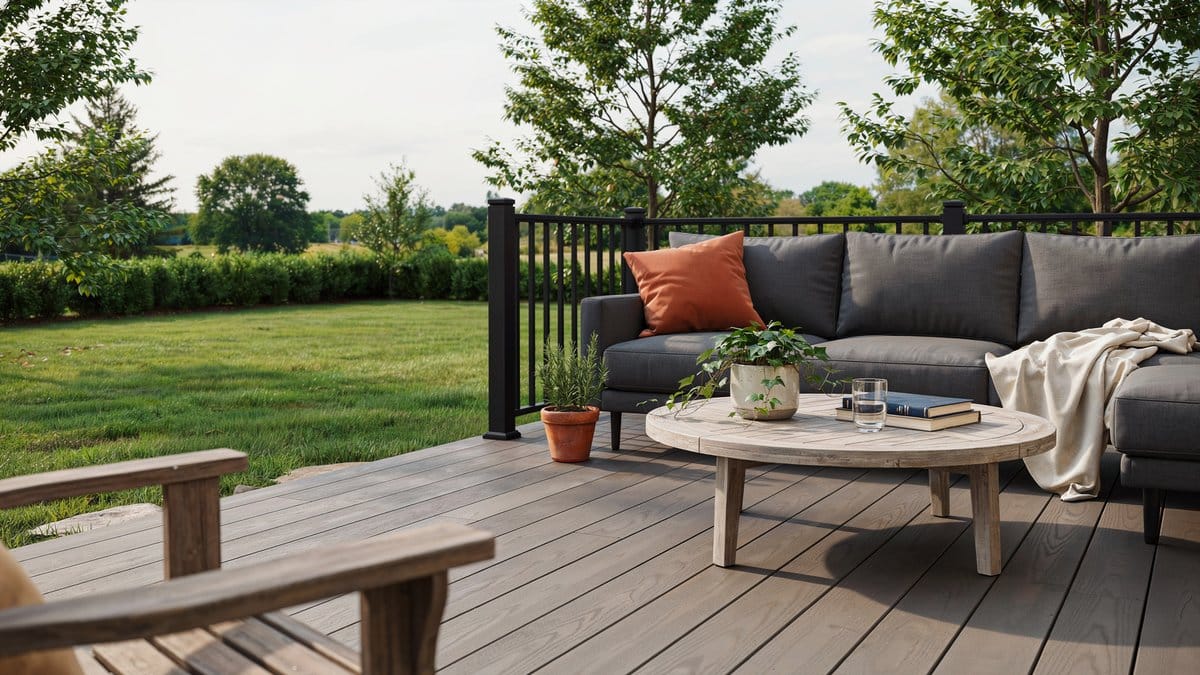 Composite deck with a gray cushioned sofa and round coffee table