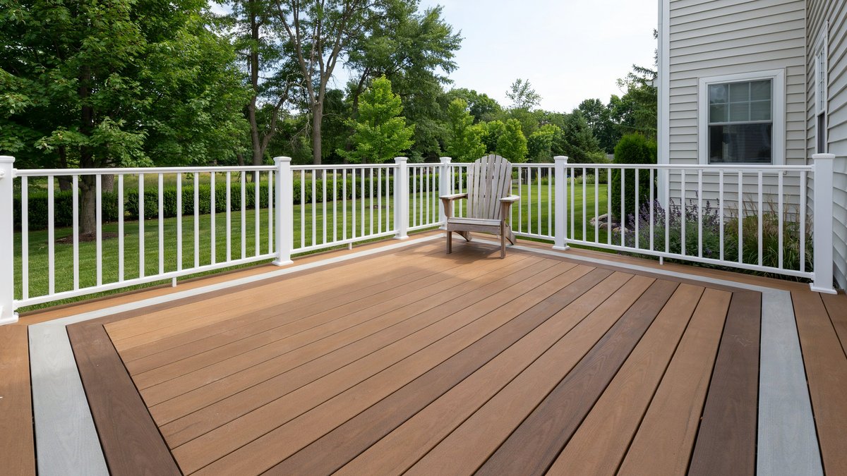 Two tone composite deck with border inlay design and white railing
