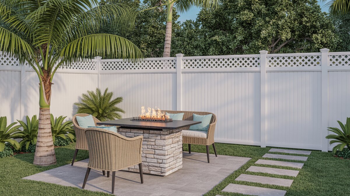 Tropical Backyard White Vinyl Fence Lattice Top Fire Pit Palm