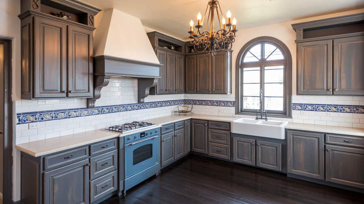 A lovely juxtaposition of texture and color, this exquisite kitchen design showcases