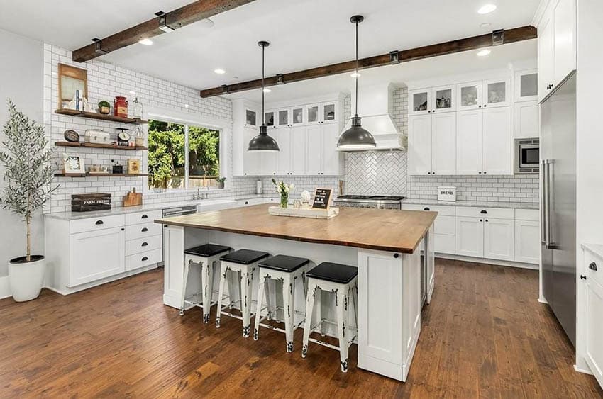 Reclaimed Wood Kitchen Island Countertop Things In The Kitchen   U Shaped Kitchen With Reclaimed Wood Countertop Island White Shaker Cabinets Wood Beams And Flooring 