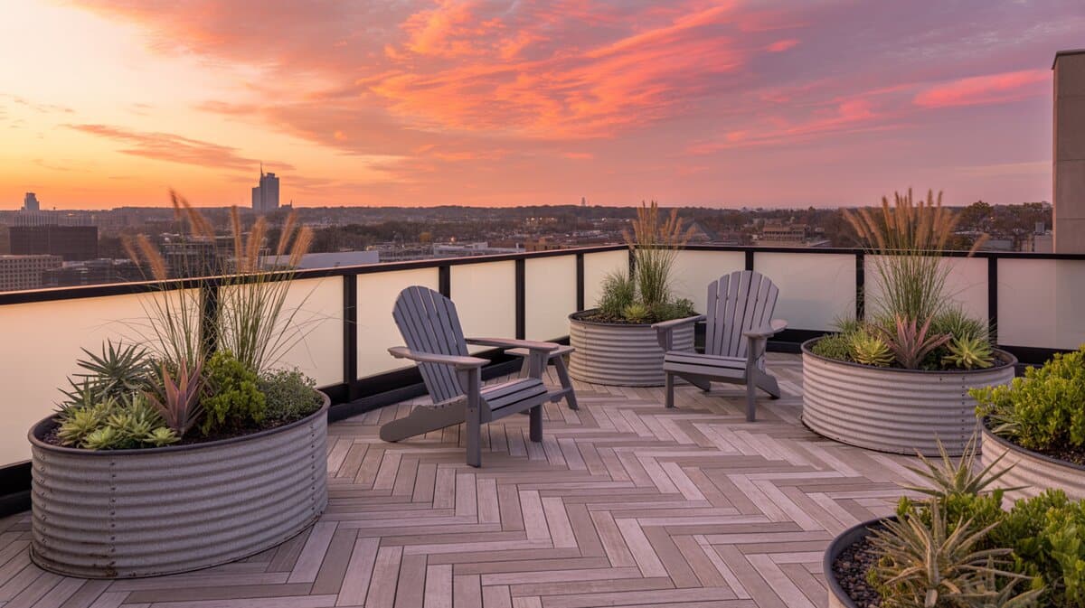 Urban rooftop garden with galvanized metal tub planters and Adirondack chairs at sunset