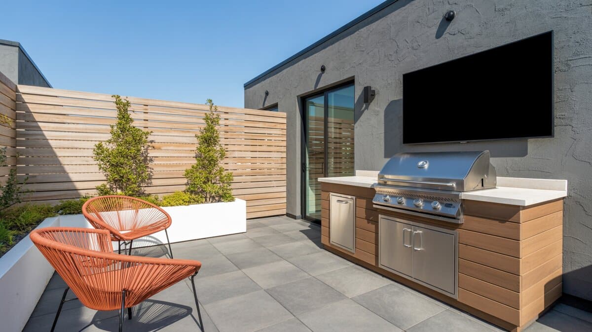 Urban rooftop patio with outdoor TV, stainless grill, orange chairs, and wood slat fence