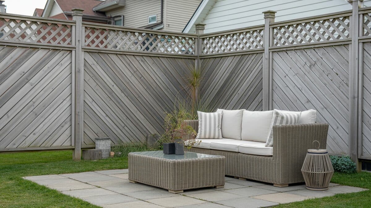 Weathered Gray Diagonal Lattice Fence Urban Patio Wicker Sofa