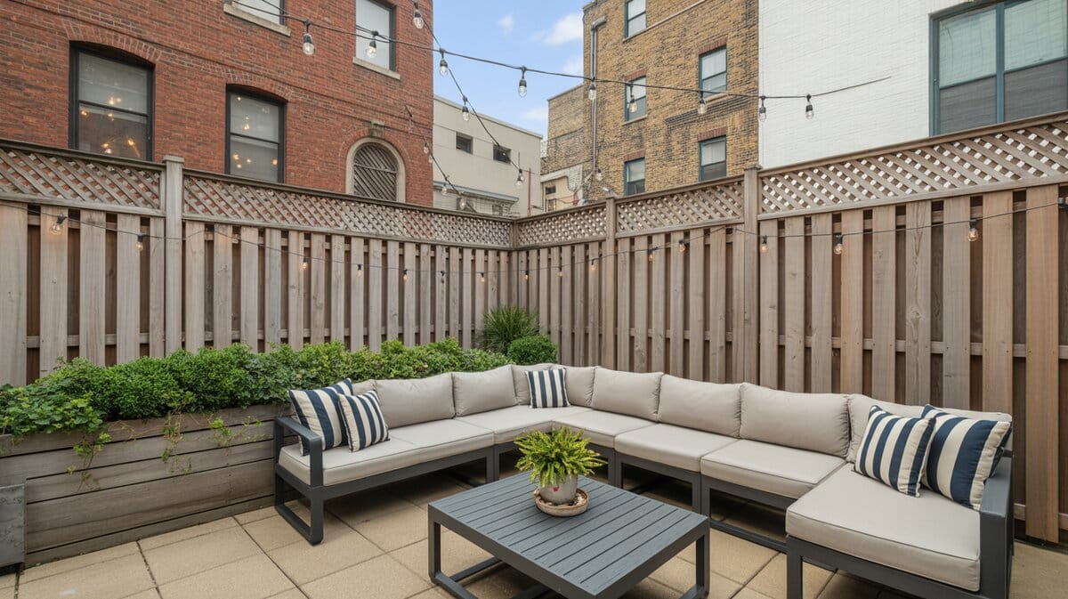 Weathered Wood Lattice Top Fence Urban Brick Courtyard Sofa