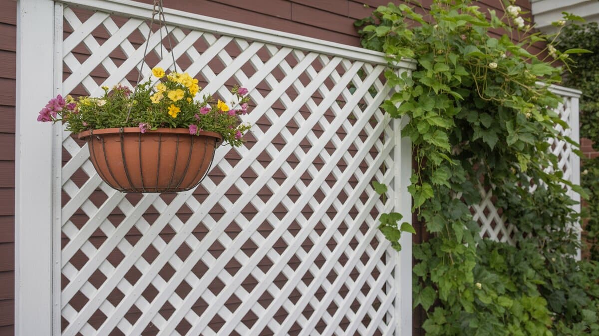 White Diagonal Lattice Fence Hanging Flower Basket Blooms