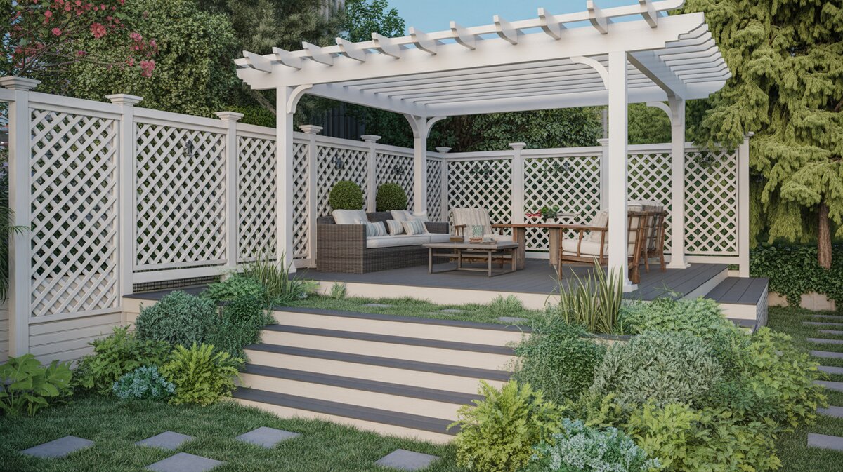 White Diamond Lattice Fence Pergola Terraced Garden Deck