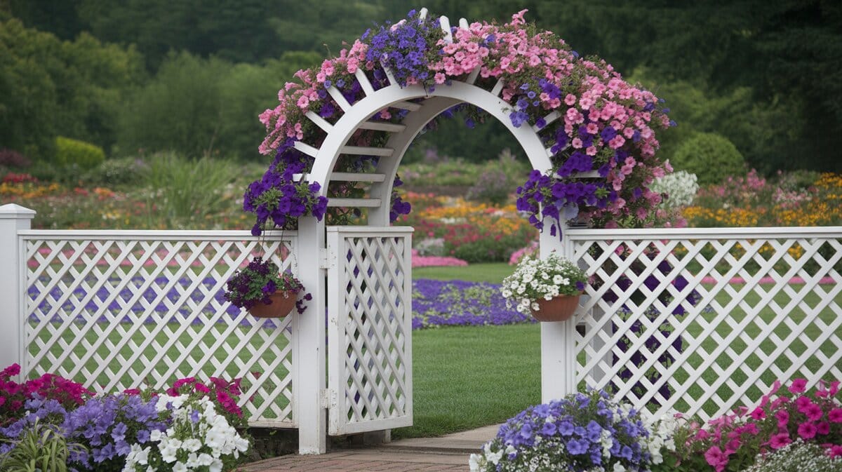 White Lattice Fence Archway Gate Purple Petunias Flower Garden
