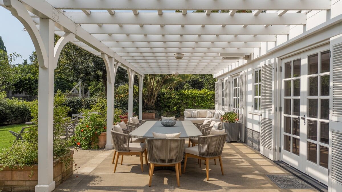 White Pergola Lattice Ceiling Patio Cover Outdoor Dining