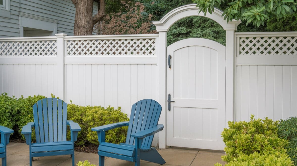 White Privacy Fence Lattice Topper Arched Gate Blue Chairs