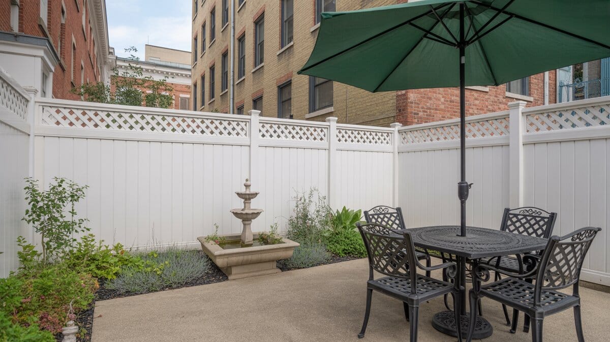 White Privacy Fence Lattice Topper Iron Table Umbrella Urban