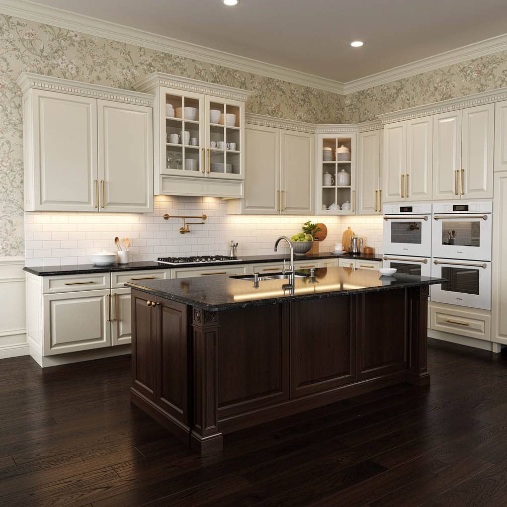 kitchen features raised panel cabinets and mullioned glass cabinets in