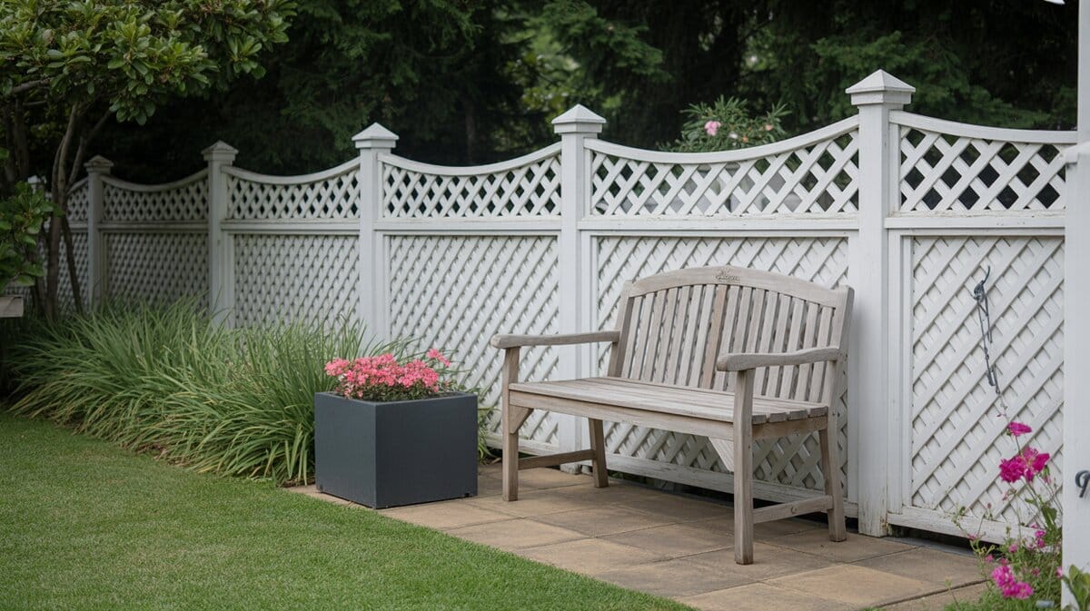 White Scalloped Diamond Lattice Fence Garden Bench Planter