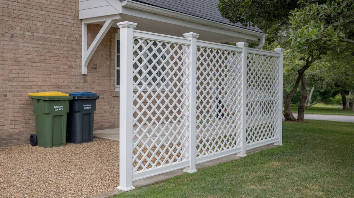 White Vinyl Lattice Screen Fence Trash Bin Concealment