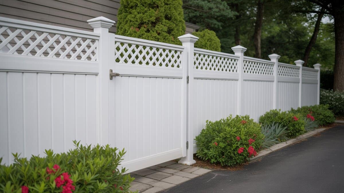 White Vinyl Privacy Fence Diamond Lattice Topper Driveway