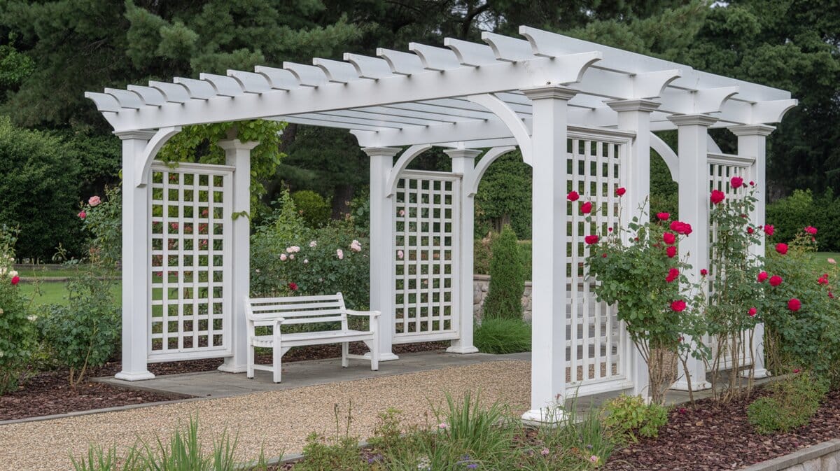 White Wood Pergola Lattice Wall Panels Climbing Roses Bench