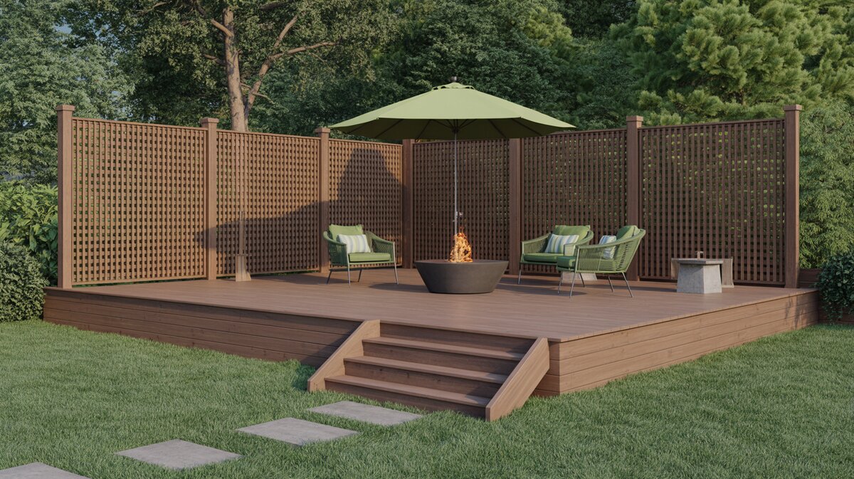 Wood Deck Dark Brown Square Lattice Fence Green Chairs