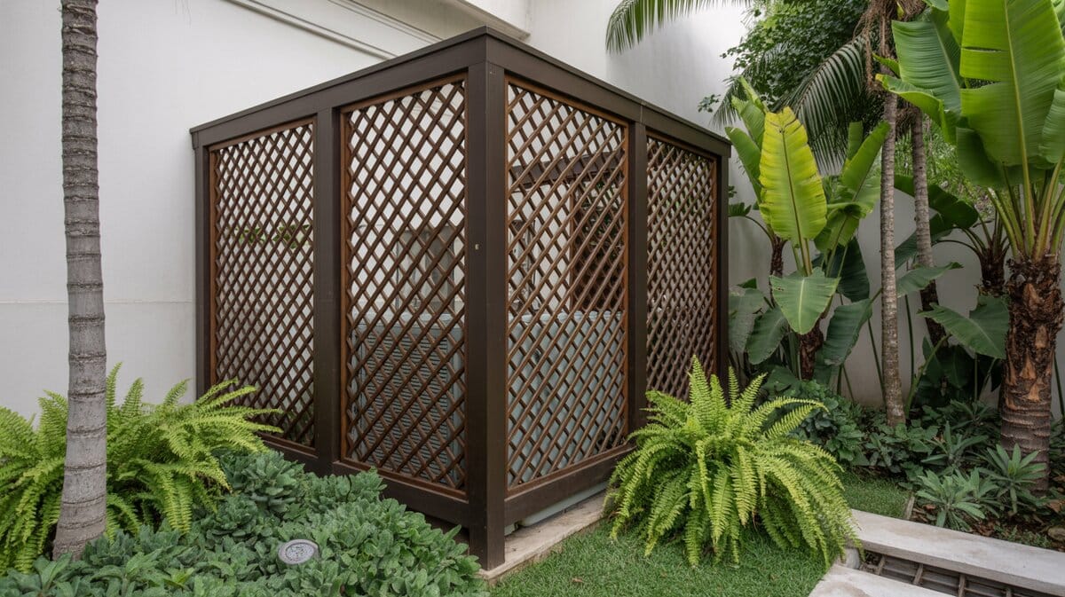 Wood Diagonal Lattice Screen Ac Unit Cover Tropical Ferns