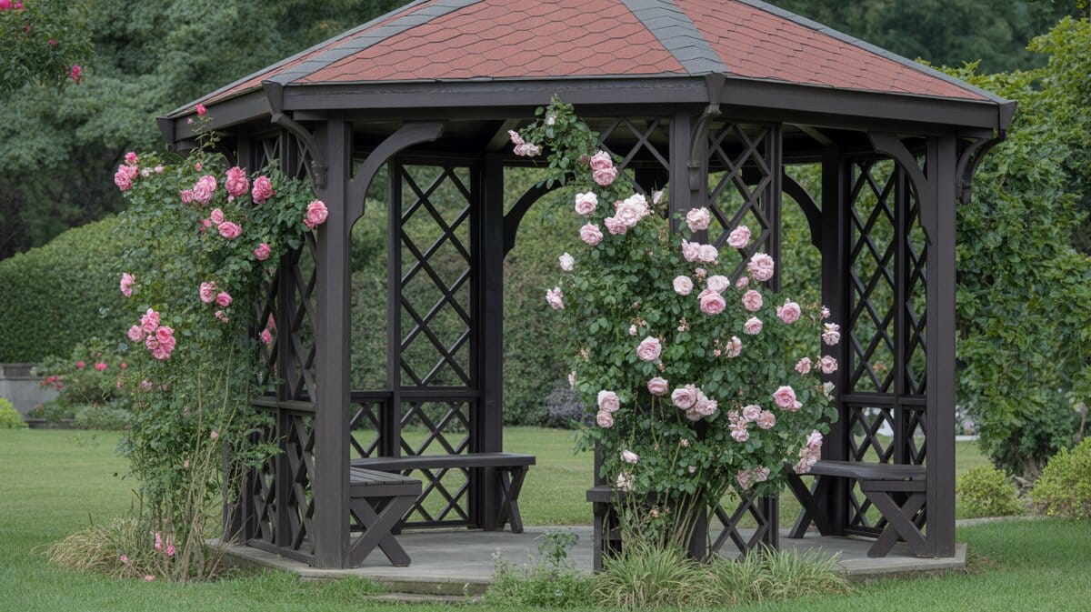 Wood Gazebo Red Tile Roof Diamond Lattice Panels Pink Roses