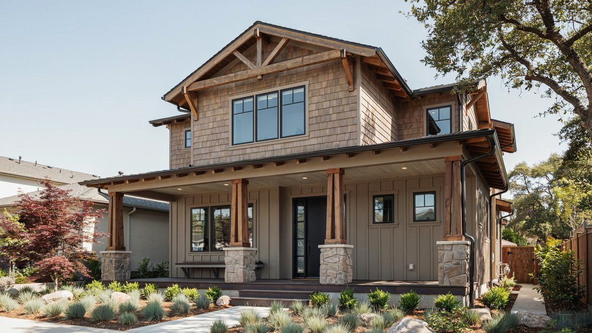 Two story craftsman house with cedar shingles, stone base porch columns and gabled roof