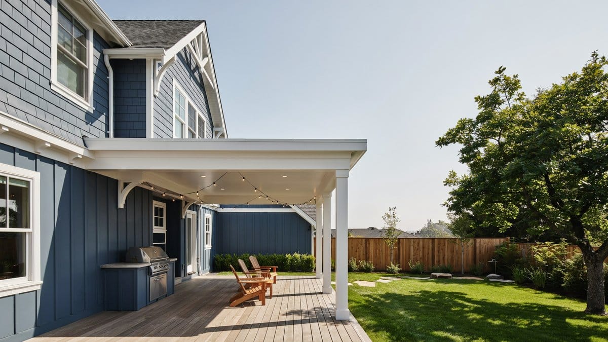Craftsman home with blue siding, white column covered patio and green backyard lawn