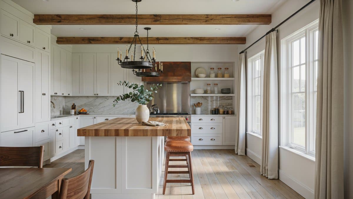 Craftsman kitchen with wood beams, white cabinets, butcher block island and iron chandelier