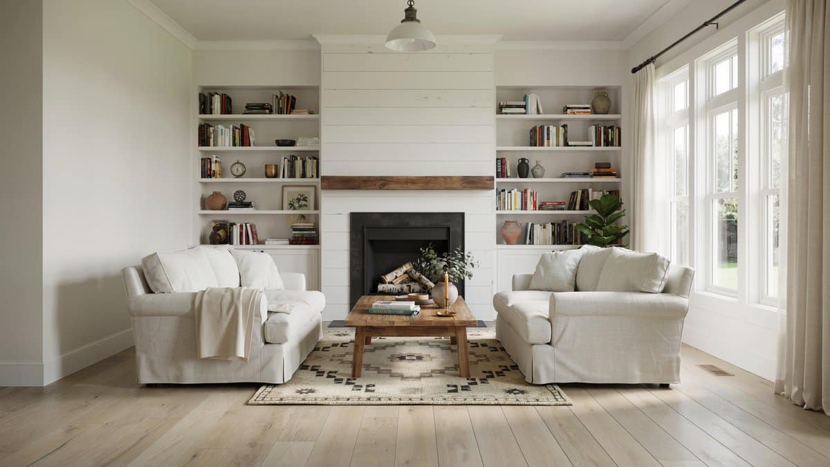Living room with white shiplap fireplace, built in shelves and two white sofas