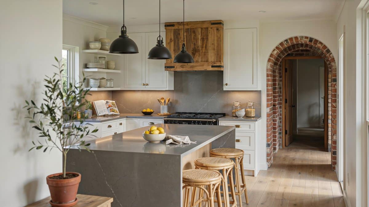 Kitchen with wood range hood, gray stone island, black pendants and brick archway