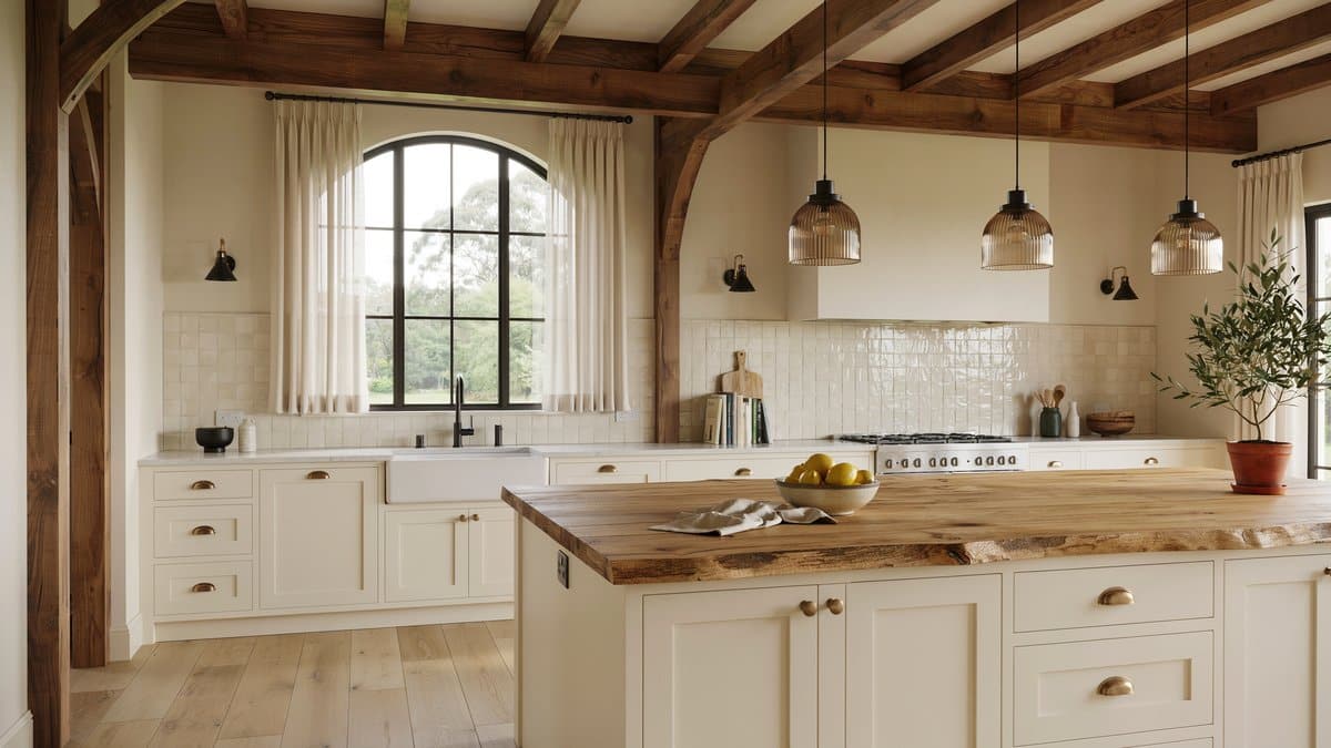 Kitchen with cream cabinets, wood island, arched window and white tile backsplash