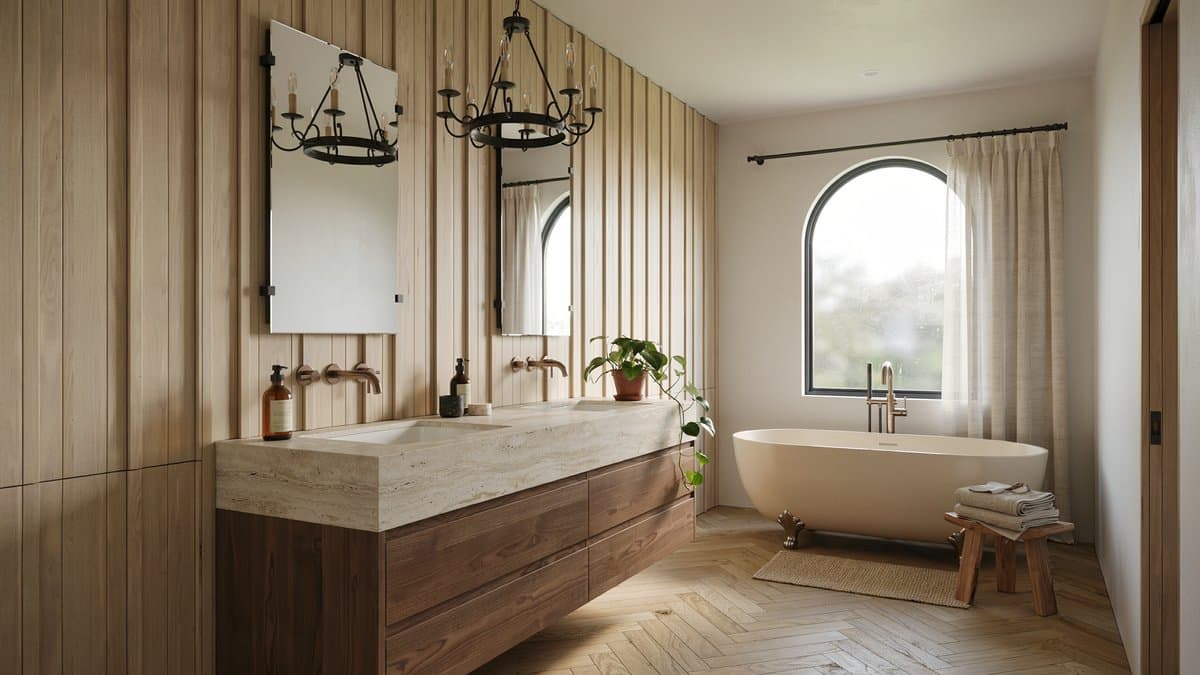 Bathroom with wood accent walls, floating vanity, iron chandelier and freestanding tub